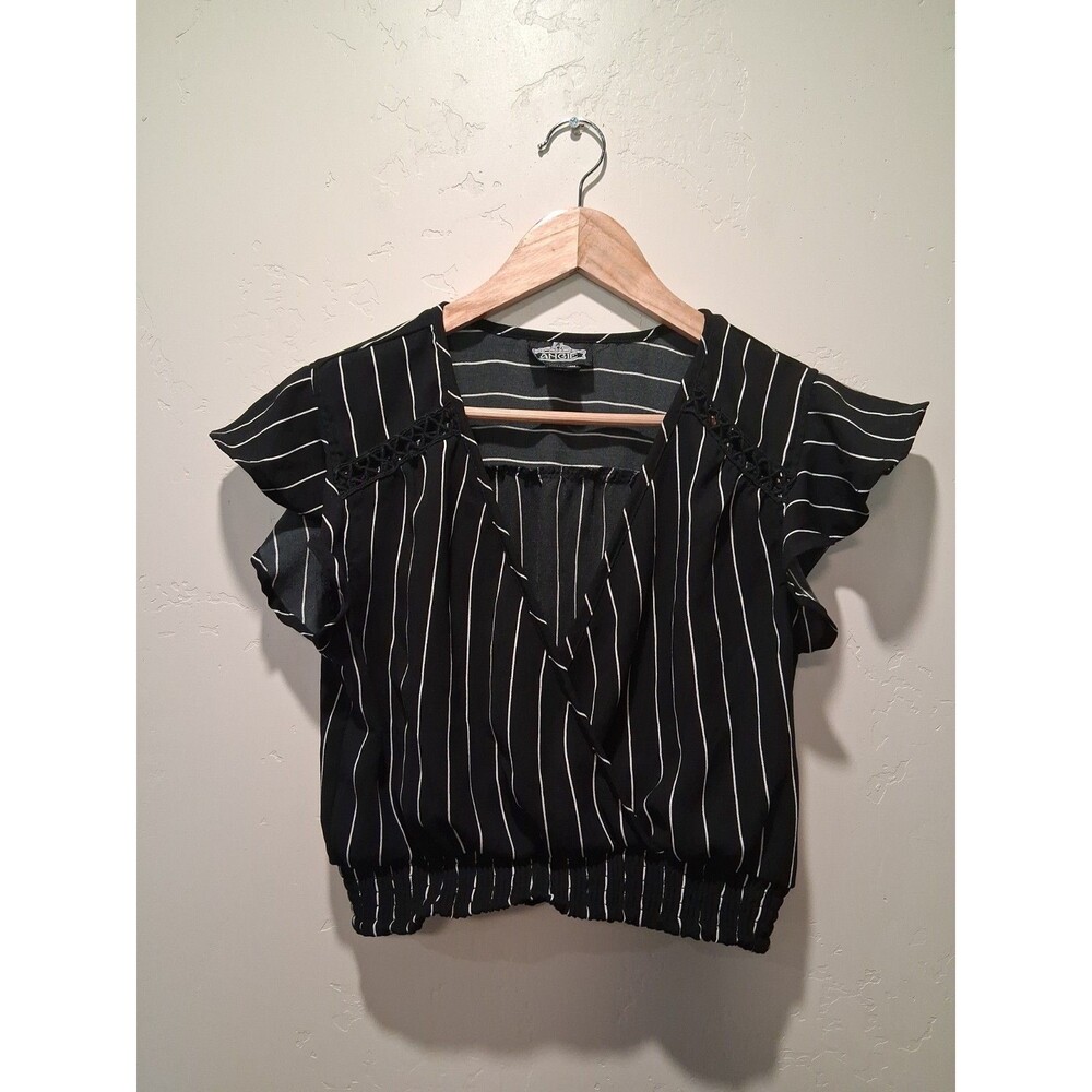 Angie Size M Black White Pinstripe Crop Top Faux Wrap Flutter Sleeve Steampunk